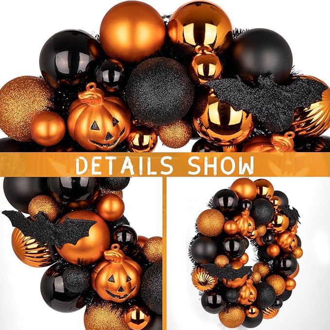 Halloween Wreath for Front Door, 13 inch Small Halloween Ball Wreath with Pumpkins Bats Shatterproof Front Door Wreaths Orange/Black Ball Ornament for Wall Mantel Porch Indoor Outdoor Decor