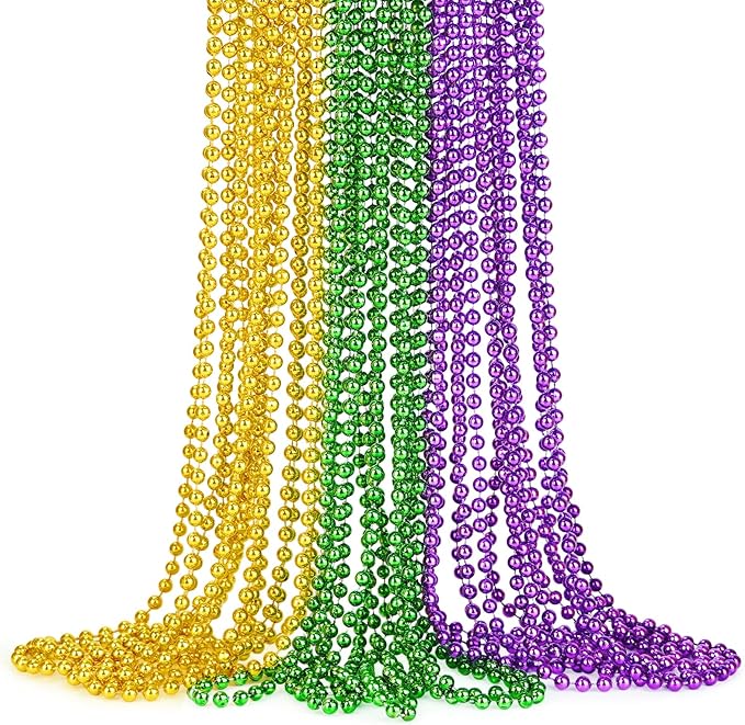 SHAOQINLIN Mardi Gras Beads, 24Pcs Mardi Gras Beads Necklaces 33'' 7 mm Metallic Gold Green Purple Bead Necklaces Mardi Gras Decorations for Mardi Gras, Christmas, Party Favors