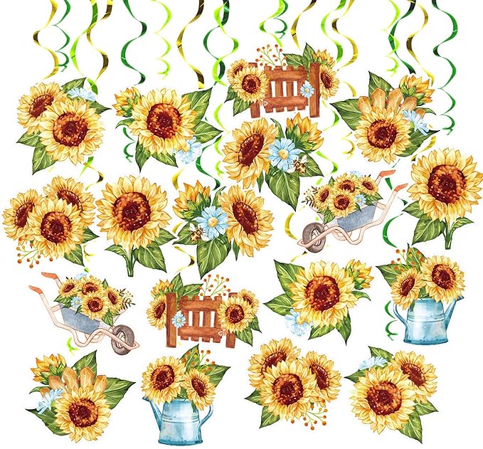 Sunflower Party Hanging Swirls, 48 Pcs,Rustic Horticulture Garden Party Decoration Sign,Flower Theme Party Supplies for Birthday,Baby Shower, Wedding,Yellow Black Green