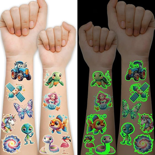 Luminous Temporary Tattoo for Kids, Mixed Styles Glow Fake Tattoos Stickers with Mermaid Truck Racing Car Dinosaur Dolphin Shark Space for Girls Boy Body Arm Party Makeup Supplies Gifts, 117PCS