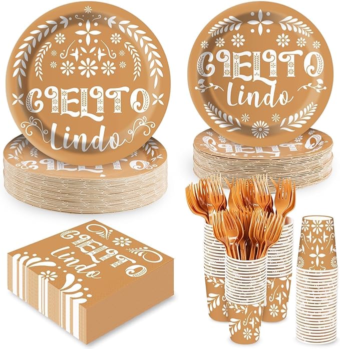 Cielito Lindo Baby Shower Party Plates and Napkins Decorations Kit,Mexican Theme White Talavera Tableware Supplies for Birthday Baby Boy Girl Shower Party Decor Service 25 Guests