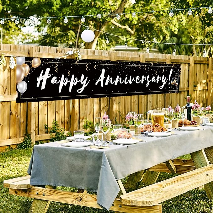 Romantic Happy Anniversary Decorations Banner - Black 118"x20" Bilingual "Feliz Aniversario" Sign, Extra Large Reusable Wedding Party Decor for Indoor Outdoor
