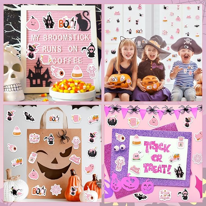 300Pcs Halloween Foam Stickers, Self-Adhesive Pink Ghost Witch Pumpkin Stickers Halloween Decals Sticker Decorations for Home Office School Classroom DIY Art Craft Party Supplies