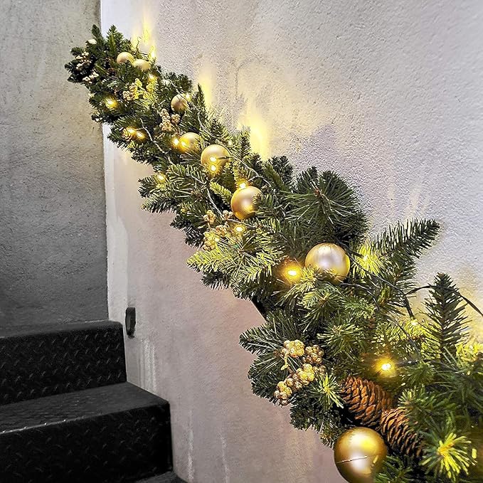 KING BIRD 9 FT by 12 Inch Prelit Christmas Garland with 50 Warm Lights, Battery Operated Xmas Garland with Pine Cones and Timer
