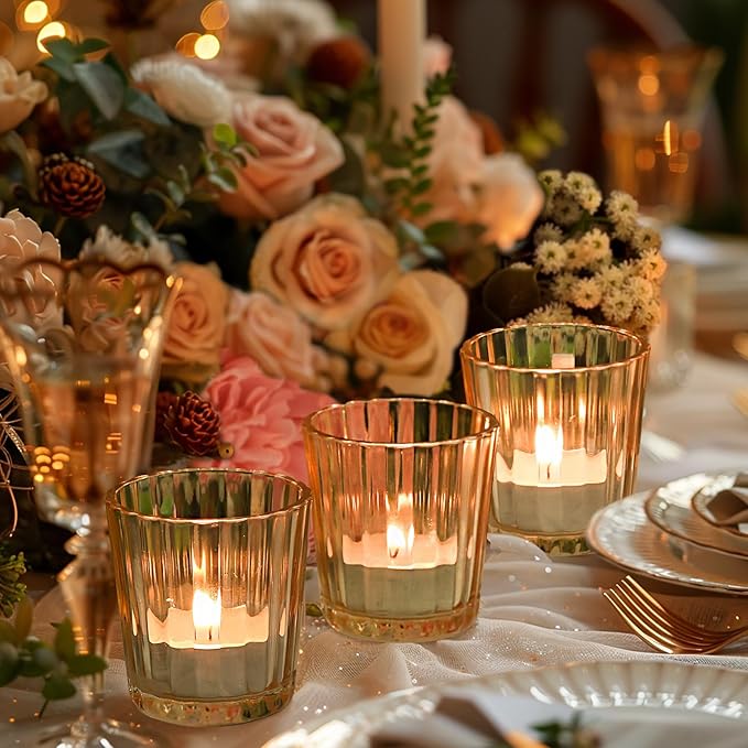 ComSaf Votive Candle Holders, 24 PCS Glass Candle Holders, Ribbed Tealight Candle Holder for Table Centerpieces, Gold Candle Holder for Wedding, Party, Baby Shower, Special Occasions, Fall Home Decor