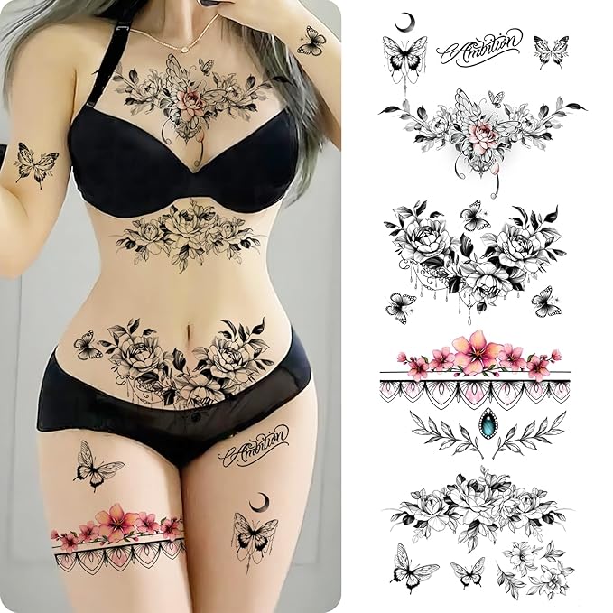 ROARHOWL Women Sexy Temporary Tattoo Sexy Tattoo Set Beautiful Exquisite 3D Realistic Flowers, Butterfly, Abdominate, Chest, Waist and Back Applied Fake Tattoo for Girls ((Design 3))