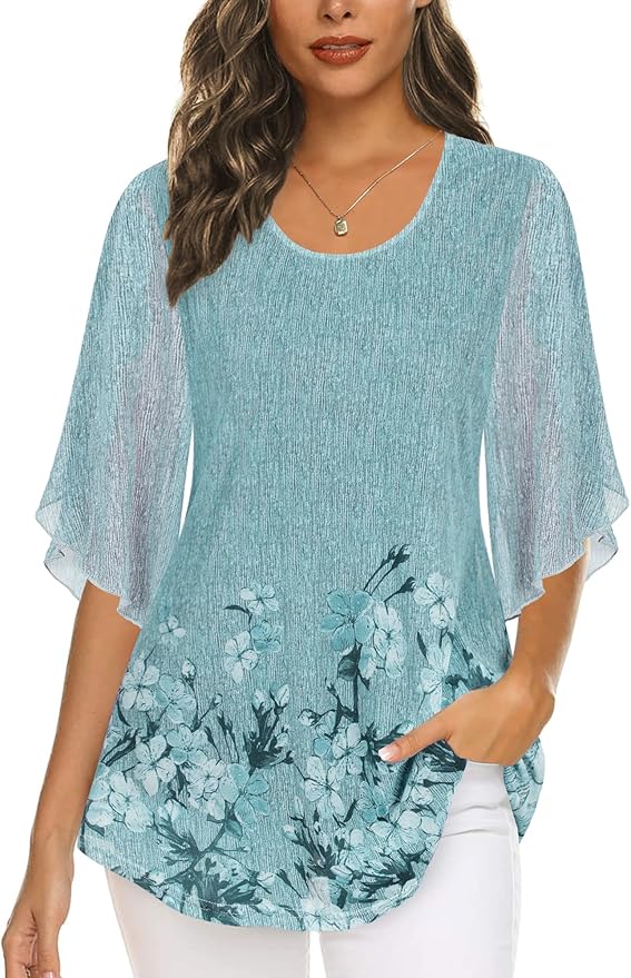 Ninedaily Women's Tops 3/4 Sleeve Blouses Dressy Casual Double Layers Mesh Tunic Shirts