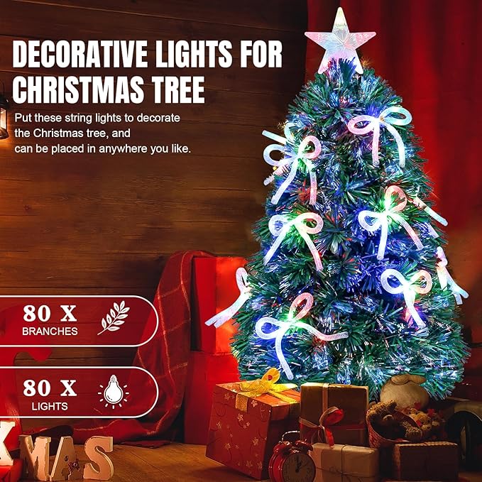 Joyhalo 3 FT Fiber Optic Mini Christmas Tree, Pre Lit Christmas Tree, Table Top Small Christmas Trees with Star Tree Topper，Bows, Metal Stand
