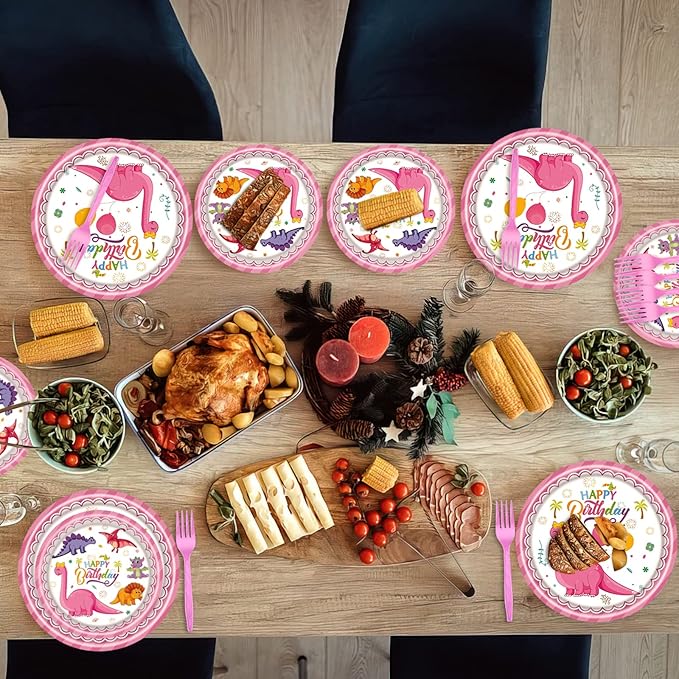 96 PCS Pink Dinosaur Party Supplies, Dinosaur Birthday Party Tableware Set for Girls Pink Dino Plates Napkins Forks for 24 Guests