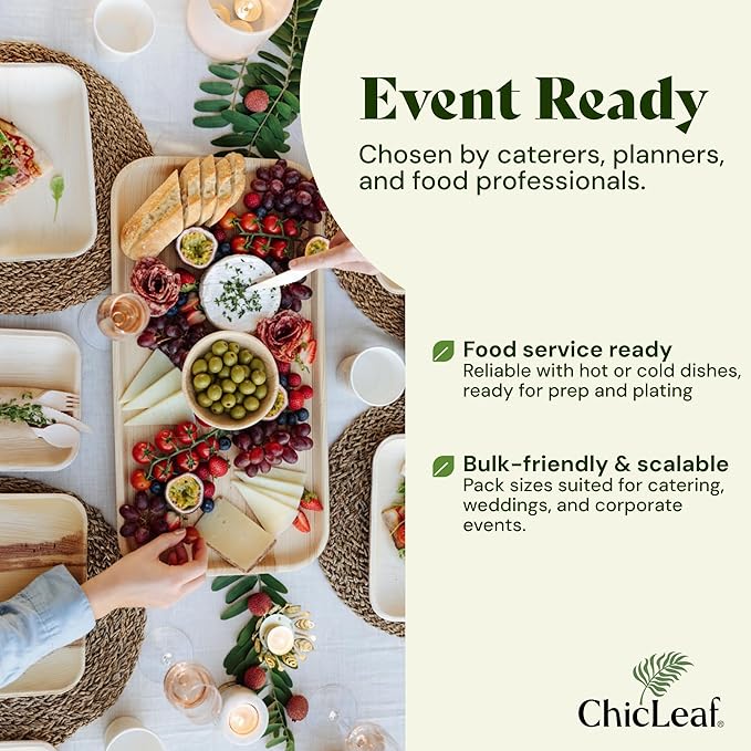 Chic Leaf All Natural Compostable & Disposable Rectangular 15" Round Palm Leaf Tray for Parties, Charcuterie Boards, Catering & Weddings - Palm Leaf Platter Party Plates Thanksgiving Dinner (10 pc)