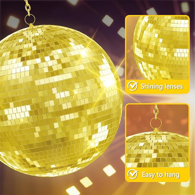 20 inch Gold Disco Ball, Hanging Mirror Disco Ball, Wedding Decoration Disco Light Ball, Stage Lighting Effect, 12/16/20 inch Home、Stage and Bar Glittering Decoration (20inch-Gold)