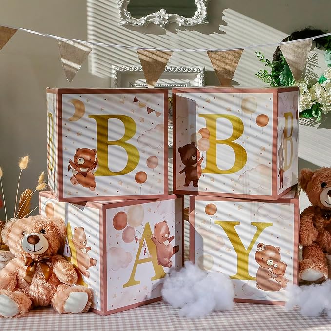 Kate Aspen We Can Bearly Wait Baby Shower Decorations, Baby Boxes with Letters for Baby Shower, Gender Reveal Decor Photo Prop & Forest Animal Nursery Decor (Set of 4 Blocks Spells B-A-B-Y)