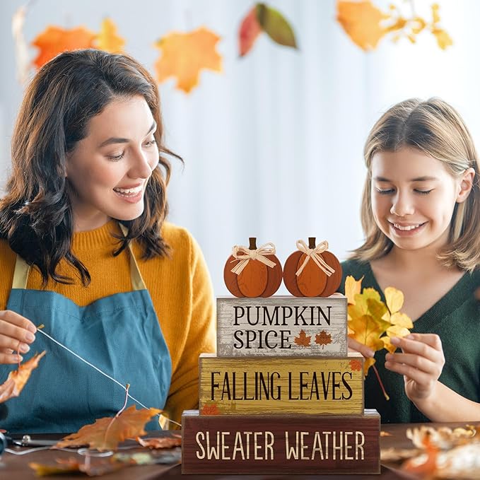 4 Pcs Thanksgiving Pumpkin Decor Fall Table Decoration Fall Tiered Tray Decor Thanksgiving Centerpiece Rustic Decorative Pumpkin Block Sign Gift Farmhouse Autumn Table Sign for Home