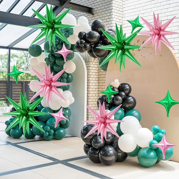 18 Pcs Pink Green Star Balloons, Green and Pink Balloon with 6 Pcs 22-Inch Explosion Star Balloons 12Pcs 10-Inch Four Pointed Stars Foil Balloon for Wedding Forest Spring Birthday Party Decor