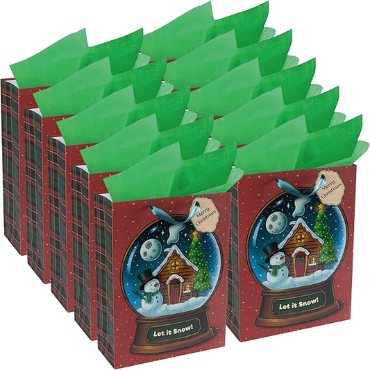 RACHELLE'S Snow Globe Christmas Gift Bags – Large 16"x12"x5" (10-Pack) – Sturdy Paper Gift Bags with Tissue Paper, Tag and Handle – Let It Snow – Perfect for Christmas Holiday Gifting & Party Favors