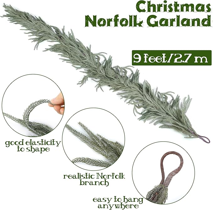 Fovths 1 Pack 9 Feet Christmas Norfolk Garlands Set Green Artificial Winter Pine Garlands Light String Faux Greenery Garland Pine Garland for Xmas Holiday Home Indoor Decor, Green and White
