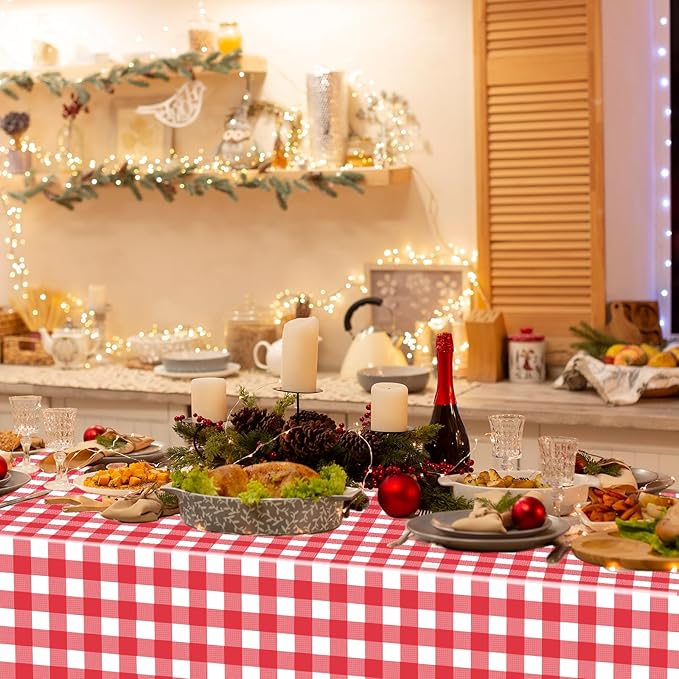 WNINK 6 Pack Red Gingham Tablecloth Rectangular Red and White Checkered Tablecloths Disposable Plastic Red Plaid Table Cover for Parties, Christmas, Outdoor Picnic, Birthday, Wedding, Camping 54 × 108