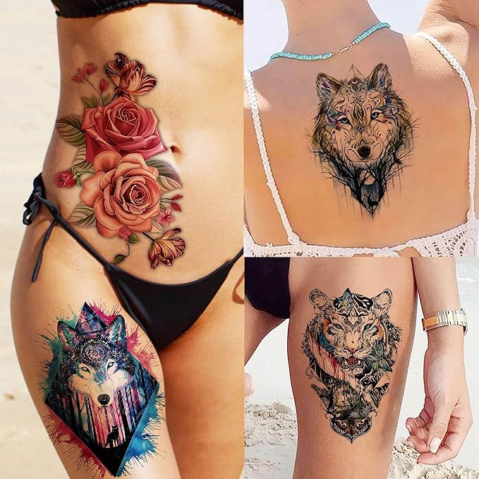 56 Sheets Watercolor Owl Tiger Lion Temporary Tattoos For Women Men Body Art Arm Thigh, 3D Long Lasting Realistic Fake Tattoo Sleeve Stickers For Adults, Wolf Fox Leopard Bulk Temp Tatoos Kids