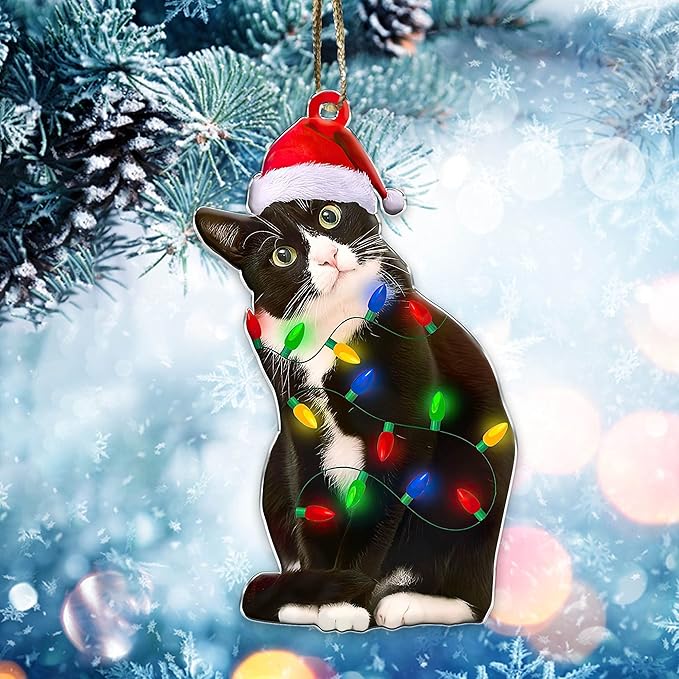 Tuxedo Cat Christmas Acrylic Ornament – Black and White Cat Ornament, Customizable with Name - Easily Add Name with Marker (Marker Not Included)