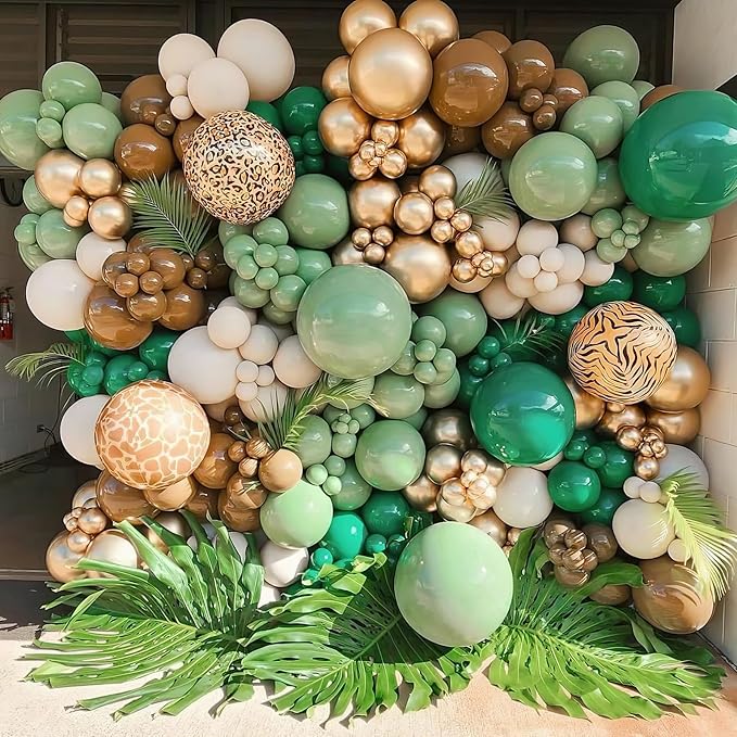 Sage Green Brown Balloon Garland Kit Olive Green Gold Safari Balloons Arch Animal Print Balloons Woodland Camo Army Green Dark Brown Coffee Nude Balloon for Jungle Hunting Wild Birthday Decor