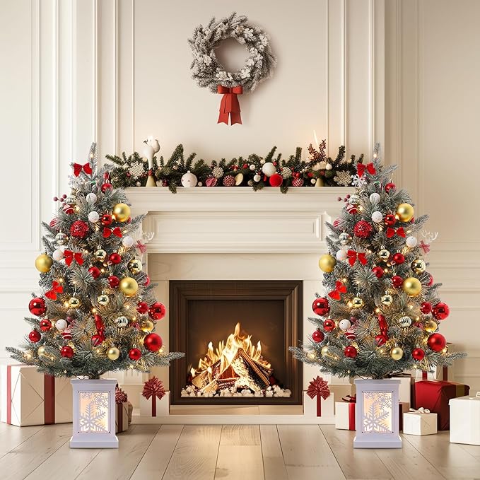 GarveeHome 3ft Prelit Christmas Tree with 78 Warm Lights & Red Berry, Artificial Xmas Trees with Snowflake Light Box Base, for Home, Office, Fireside Christmas Decoration, Set of 1