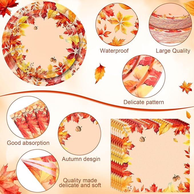 250 Pcs Fall Thanksgiving Party Decoration Colored Maple Fall Leaf Paper Plates Napkins and Cups Harvest Decorations Tableware Set for Autumn Leaves Theme Birthday Party Supplies, Serves 50