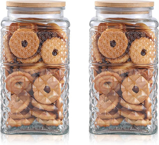 90 OZ Cookie Jars, 2600ml Glass Jars with Airtight Lids, Vintage Decorative Glass Storage Containers with Bamboo Lids for Coffee Candy Sugar, Candy Jar Coffee Canister 90oz.Square&Square