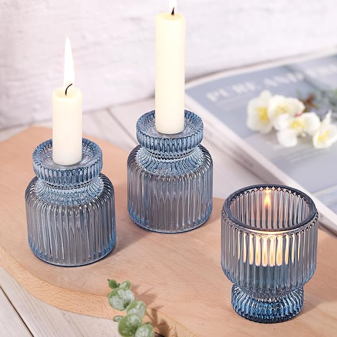 DARJEN 12 Pcs Glass Candlestick Holders- Blue Taper Candlestick Holders Tealight Votive Candle Holders for Table Centerpieces, Wedding, Dinner Party, Home Decor