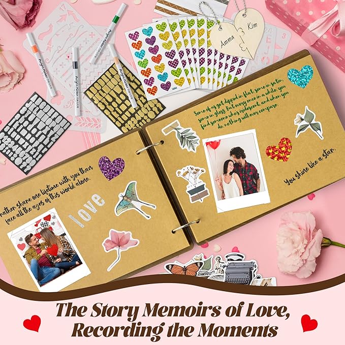 CY2SIDE Couples Photo Album Scrapbook - 111PCS The Story of Us Wooden Scrapbook Craft Kit Included Wood Cover Heart Puzzle Brown Paper Sticker and Template for DIY, Anniversary Dating Gift for Him Her