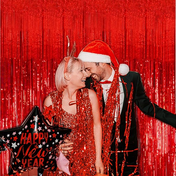 5 Pack Foil Curtain Backdrop Red Metallic Tinsel Foil Fringe Curtains Photo Booth Props for Birthday Wedding Engagement Baby Shower Bachelorette Christmas Holiday Celebration Party Decorations