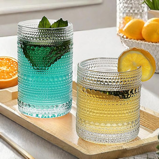 Vintage Hobnail Driinking Glasses Set, Glassware Drinking Set of 8, 12 oz Highball Glasses & 10 oz Cocktail Glasses, Tumbler Glasses for Cocktails, Whiskey, Juice, Milk, Clear