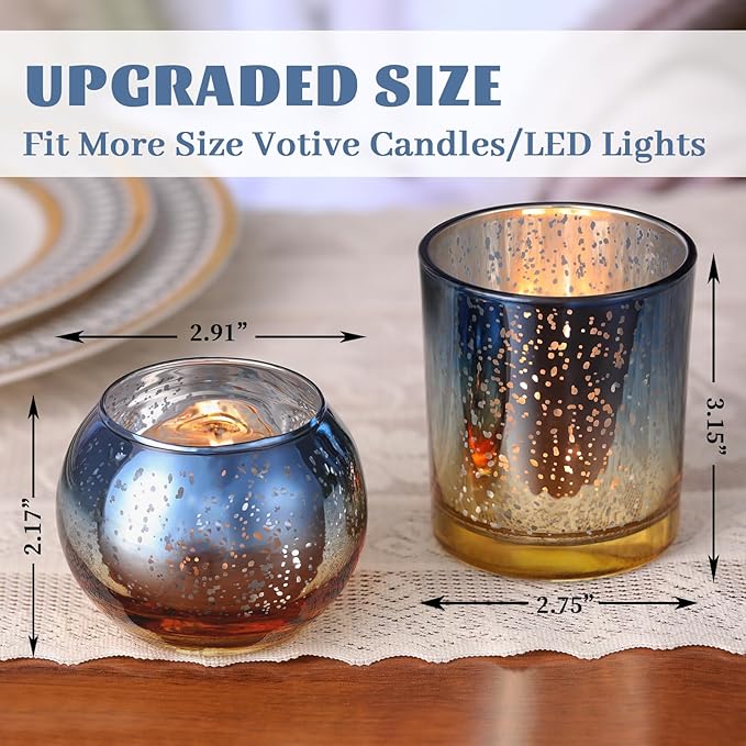 Volens 30pcs Assorted Navy Votive Candle Holders Bulk, Large Mercury Glass Votive for Wedding Table Centerpieces, Navy and Gold Themed Party Decorations and Home Decor