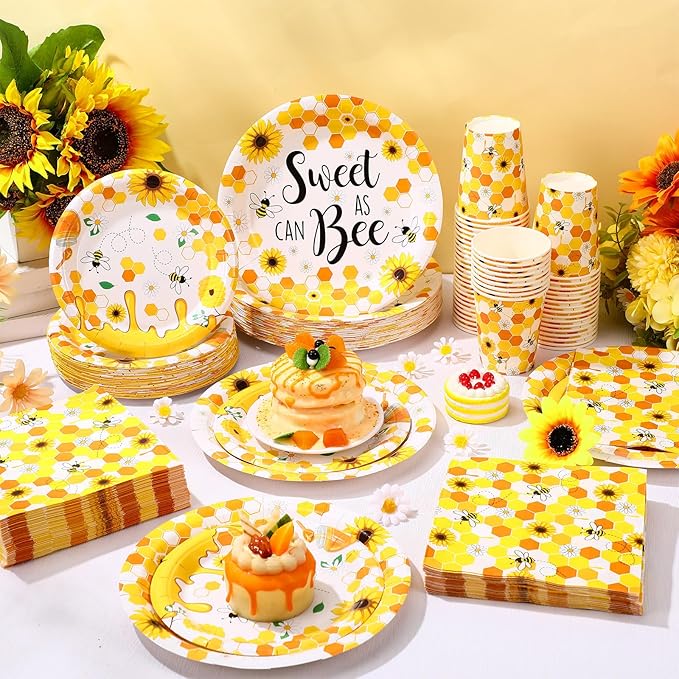 250 Pcs Bee Party Decoration Sweet as Can Bee Paper Plates Napkins and Cups Party Tableware Set for Honey Baby Shower Gender Reveal Birthday Decorations, Serves 50