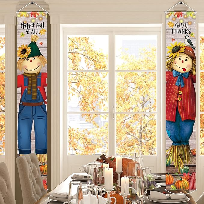 Thanksgiving Hanging Banners Happy Fall Y'all Porch Sign Autumn Hanging Door Banner Thanks Porch Banner Thanksgiving Party Decoration for Fall Indoor Outdoor Door Wall Decor