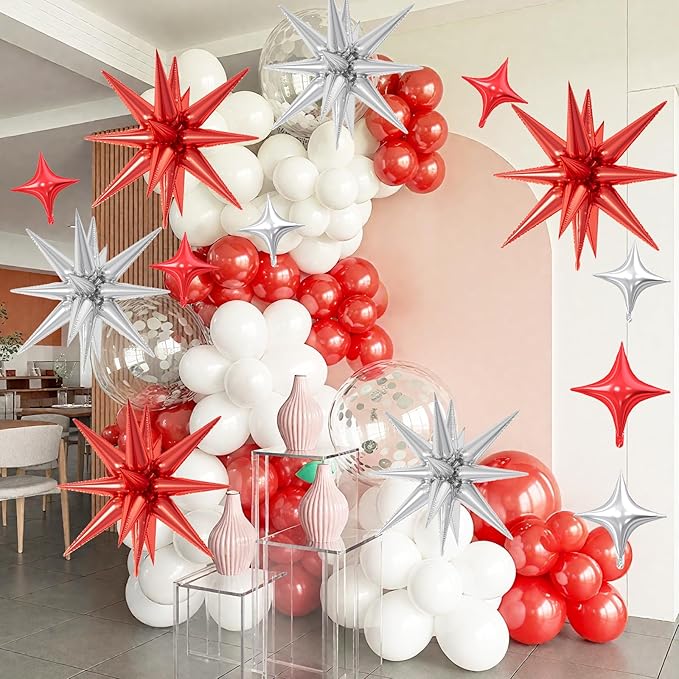 18 Pcs Red Silver Star Balloons, Silver and Red Balloon with 6 Pcs 22-Inch Explosion Star Balloons 12Pcs 10-Inch Four Pointed Stars Foil Balloon for Winter Christmas Birthday Party Decorations