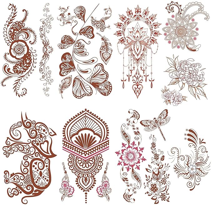 Aresvns Brown Henna Tattoo Temporary, Waterproof Brown Boho Henna Temporary Tattoo Stickers for Women