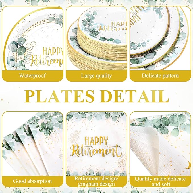 250 Pcs Sage Green Retirement Party Decorations Happy Retirement Paper Plates Napkins and Cups Greenery Gold Tableware Set for Women Men Coworker Goodbye Going Away Party Supplies, Serves 50