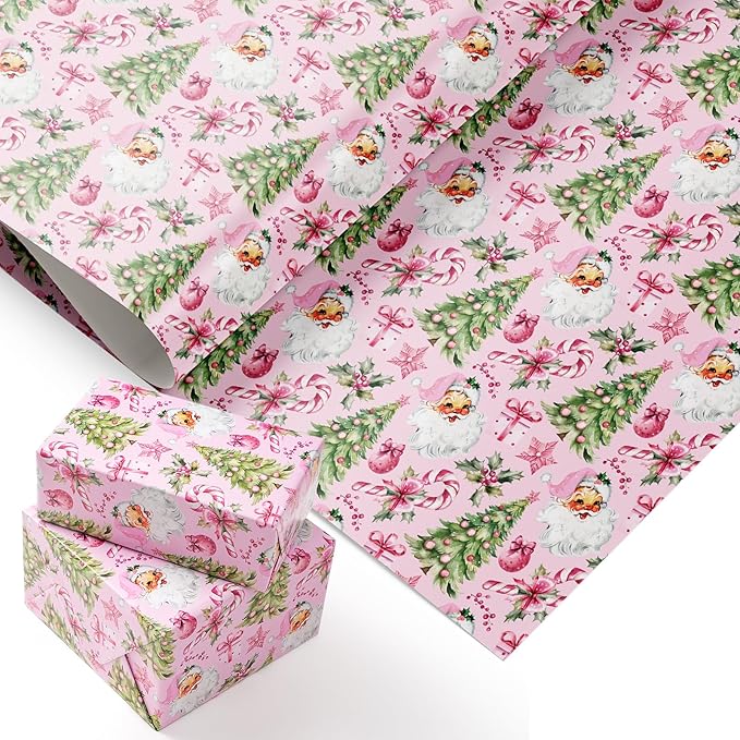 PlandRichW Pink Christmas Wrapping Paper - Vintage Watercolor Santa with Gingerbread, Candy Canes & Bows - 40×28 Inch Xmas Gift Wrap, 4 Folded Sheets for Kids & Adults