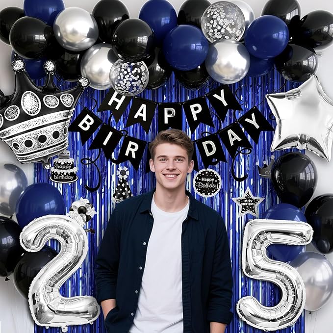 25th Birthday Decorations for Men and Women, Black Blue Silver Happy Birthday Number 25 Balloons, Banner, Fringe Curtains Garland Kit - 25 Year Old Party Supplies