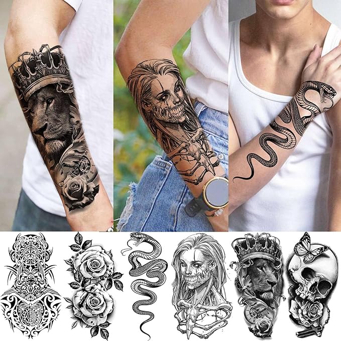 62 Sheets Large Wolf Lion Skeleton Temporary Tattoos For Men Women Arm, 3D Temp Bulk Halloween Accessory Realistic Tattoo Sticker For Adults Neck, Scary Skull Zombie Vampire Fake Tattoos Cobra Snake