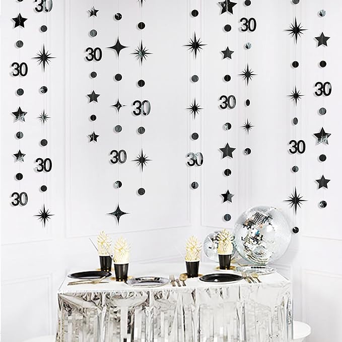 Black 30th Birthday Decorations Number 30 Circle Dot Twinkle Star Garland Metallic Hanging Streamer Bunting Banner Backdrop for Mens Womens Happy Dirty 30 Year Old Thirty Anniversary Party Supplies