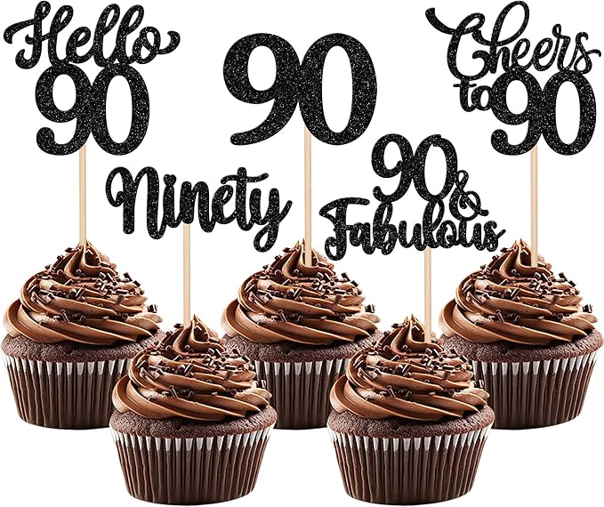 30PCS Happy 90th Birthday Cupcake Toppers Glitter Ninety Cheers to 90 Years Old Birthday Cupcake Picks Hello 90 Fabulous Cake Decorations for Happy 90th Birthday Anniversary Party Supplies Black
