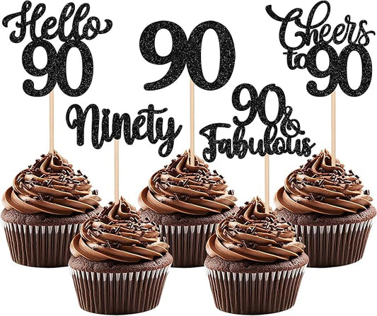 30PCS Happy 90th Birthday Cupcake Toppers Glitter Ninety Cheers to 90 Years Old Birthday Cupcake Picks Hello 90 Fabulous Cake Decorations for Happy 90th Birthday Anniversary Party Supplies Black