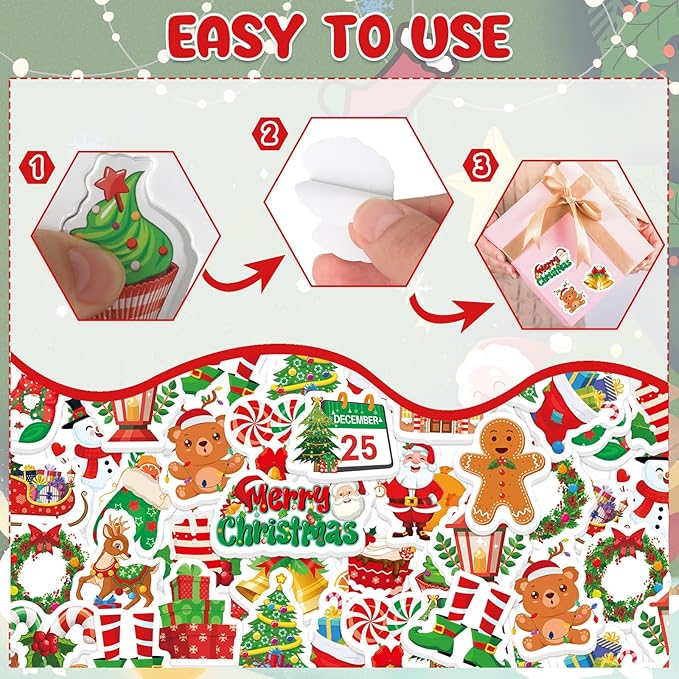 300Pcs Christmas Foam Stickers, Cute Self-Adhesive Xmas Stickers Foam Santa Claus Gingerbread Man Reindeer Sticker Decorations for Home Office School Classroom DIY Art Craft Party Supplies