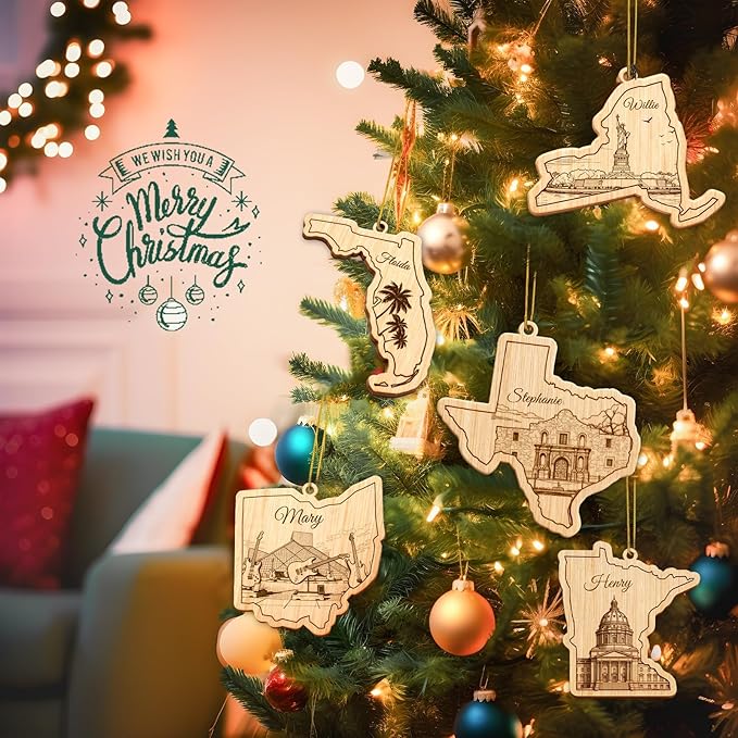 Personalized 50 States Christmas Ornament - Custom Name & Year, State Shape Tree Decoration, Unique Gift for Travel Lovers, New Home, Family Member