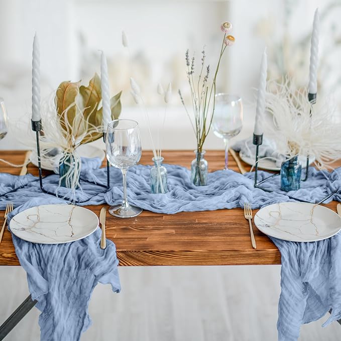 Cheesecloth Table Runner 6 Pack – 35x120 Inch (10ft) Boho Rustic Gauze Cloth Runners – Crinkle Polyester Table Decor for Wedding, Baby Shower, Bridal Shower, Birthday Party and More (Dusty Blue)