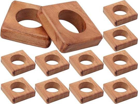 Wooden Napkin Rings Set of 12 Fall Decor for Home Square Acacia Wood Napkin Holders for Dining Table Settings Wood Napkin Ring Rustic Table Décor for Weddings, Parties, and Everyday Use - CLEENTABLE