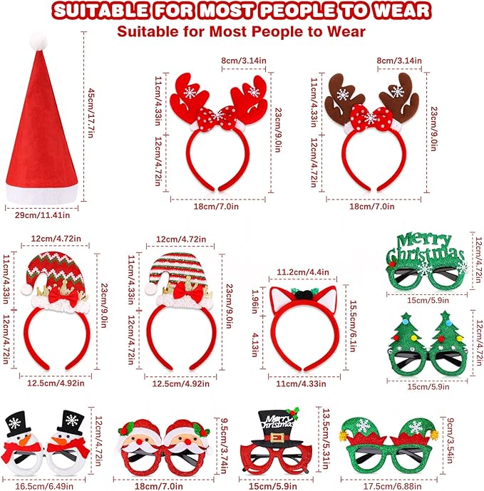 18 Pcs Christmas Glasses Glitter Headbands Hats Set, Hair Hoop Eyewear Eyeglasses Frame Santa Hat Photo Props for CHristmas Party Favors Holiday Photos Booth