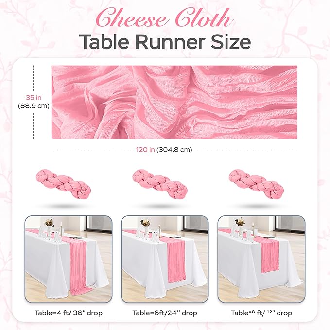 Cheesecloth Table Runner 3 Pack – 35x120 Inch (10ft) Boho Rustic Gauze Cloth Runners – Crinkle Polyester Table Decor for Wedding, Baby Shower, Bridal Shower, Birthday Party and More (Pink)