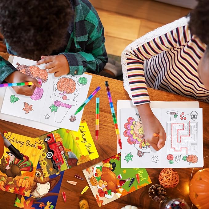 BenLouis 24 Fall Mini Coloring Books Kids with 24 Stacking Crayons Thanksgiving Theme Party Favors Activity Books Bulk for Kids Autumn Harvest Birthday Goodie Bag Gift Stuffer Classroom Reward